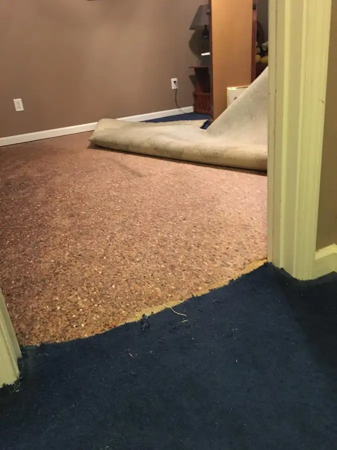 Carpet pad removal revealing water damage during Water Mitigation Services in South Pasadena